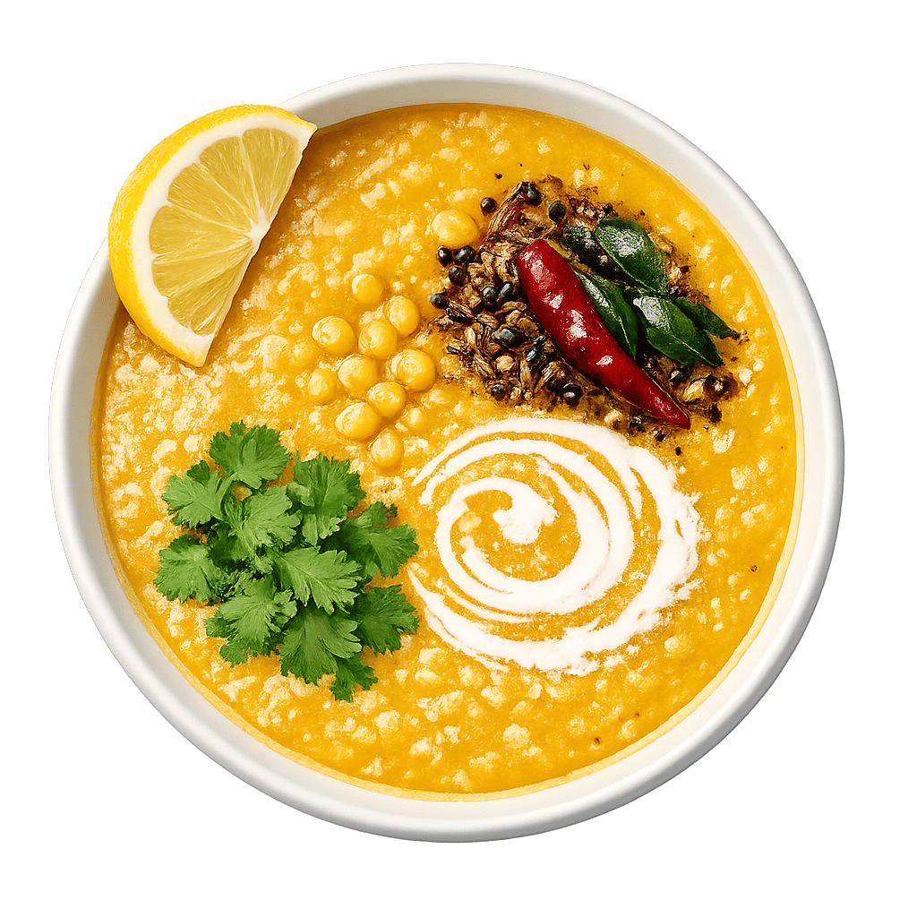 Dal-Suppe von oben: Rote Linsen, Tomate, Kokosmilch, Kurkuma, Kreuzkümmel, Senfsaat, Curryblätter, Koriander, Zitrone