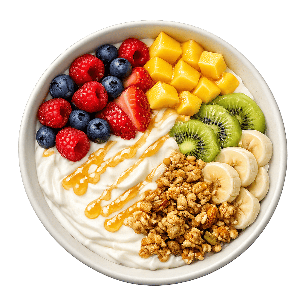 Frutein Bowl mit frischen Früchten im Vordergrund