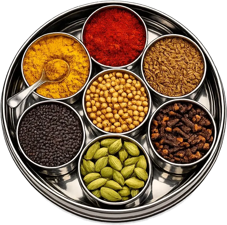 Geöffnete Masala Dabba mit Kurkuma, Chili, Kreuzkümmel, Koriander, Senfsaat, Kardamom und Nelken