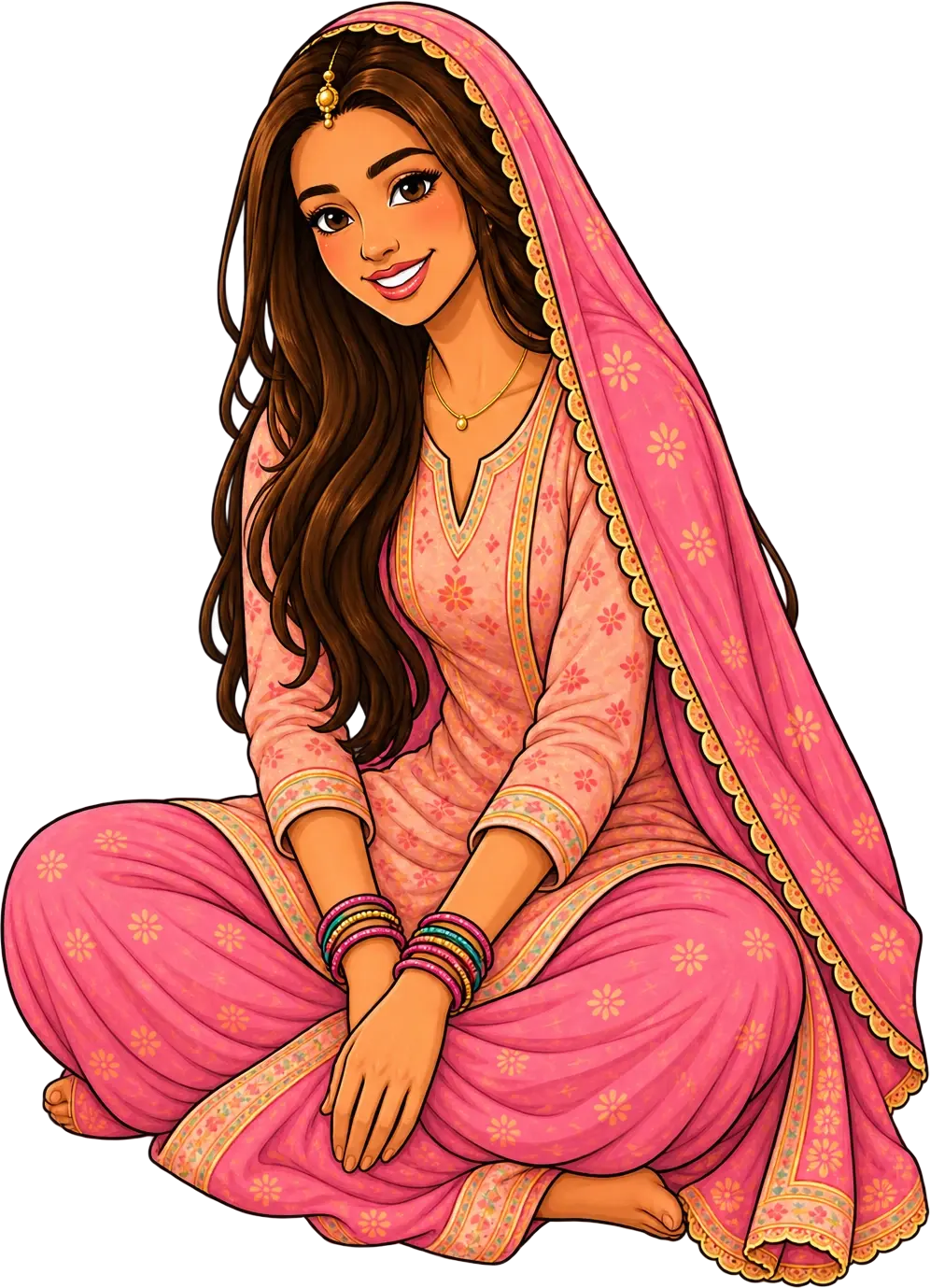 Illustration von Maya im rosa Salwar Kameez, lächelnd im Schneidersitz